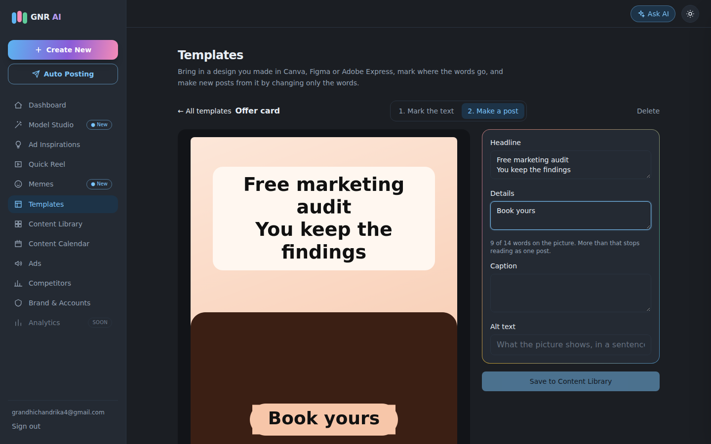 An imported offer-card design with its headline and button filled in with new words